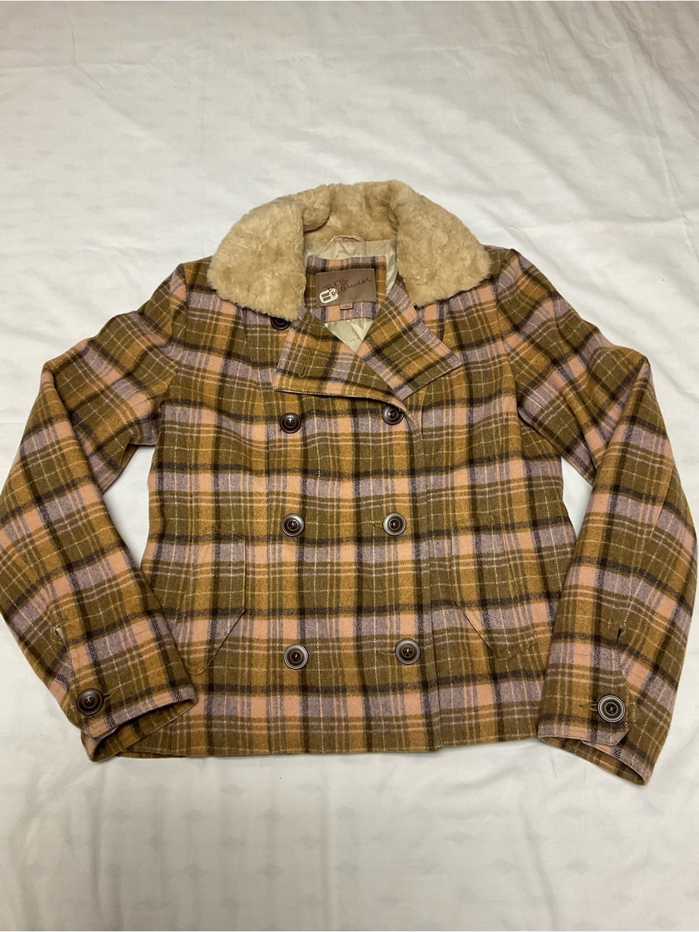 BKE Outerwear Plaid Double Breasted Peacoat With Faux Fur Collar. Size L